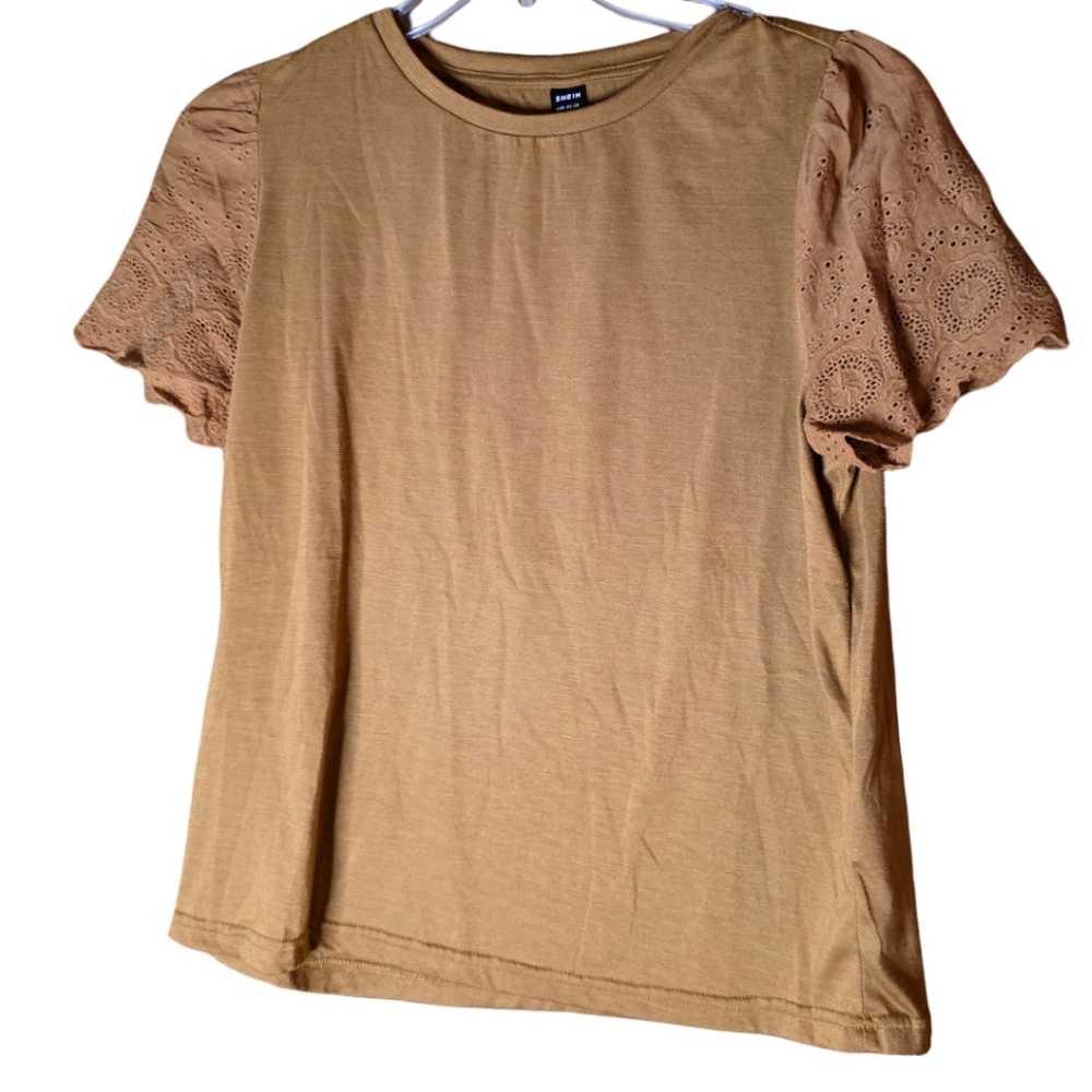 SHEIN Brown Eyelet Flutter Sleeve Top Women’s Size L